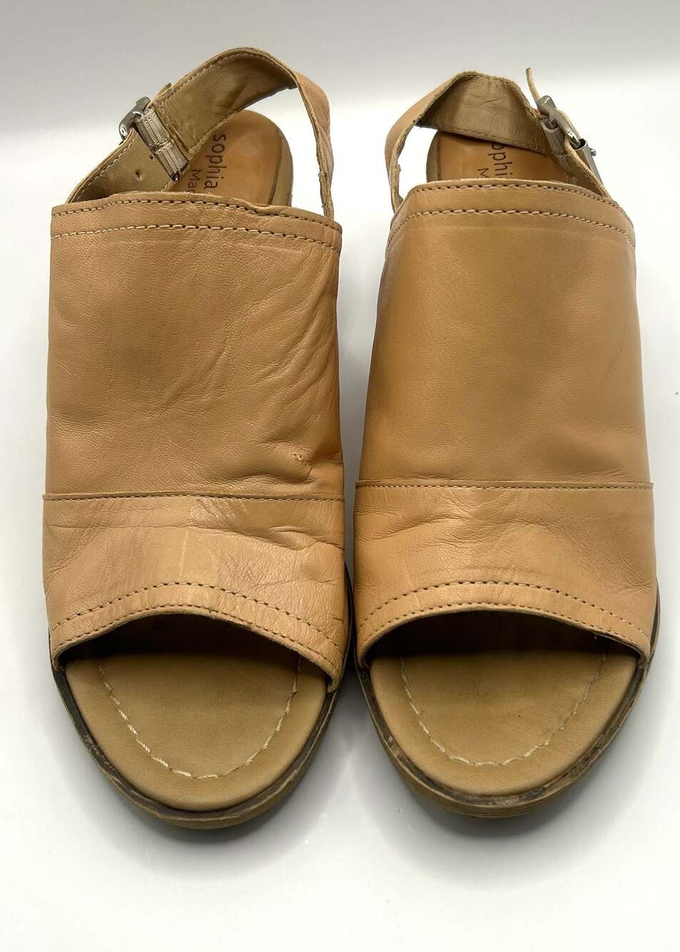 Sophia Milano Tan Leather Slingback Open-Toe Block Heel Sandals